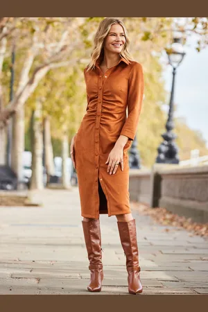 Sosandar Ruched Front Faux Suede Midi Shirt Dress44