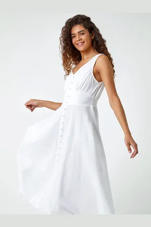Roman Textured Stripe Button Detail Midi 100% Cotton Dress14