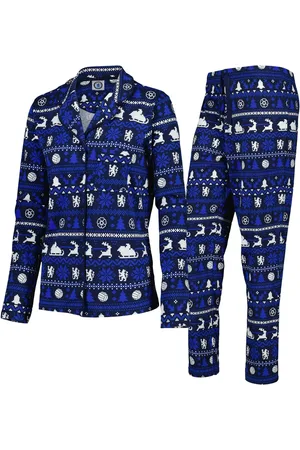 Fanatics Womens Blue Chelsea Christmas Button Through Fairisle 100% Cotton Pyjamas34-36