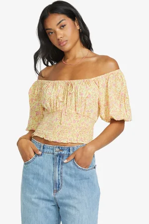 Billabong Żółty letni top Sunspell Wish Away z motywem kwiatowym i dekoltem bardotM 10
