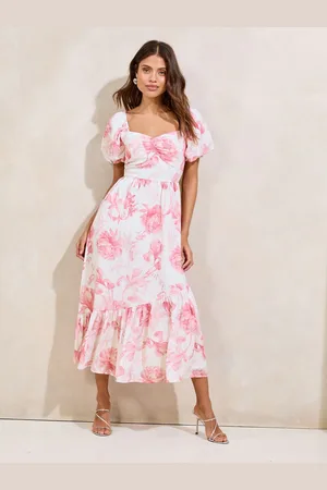 Lipsy London Sukienka midi z materiału imitującego len z bufiastymi rękawami44