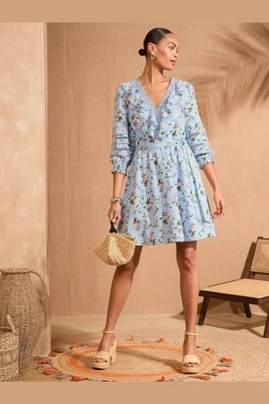 Love & Roses Print Boho Ruffle Lace Trim 3/4 Sleeve 100% Cotton Mini Dress46