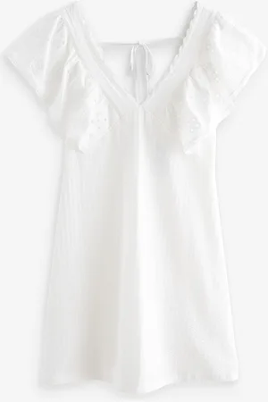 Next 100% Cotton Embroidered Sleeve Mini Dress46 Wysoki