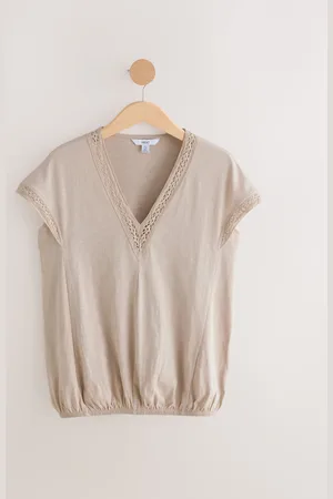 Next Short Sleeve Lace V-Neck Bubblehem 100% Cotton Top48tall