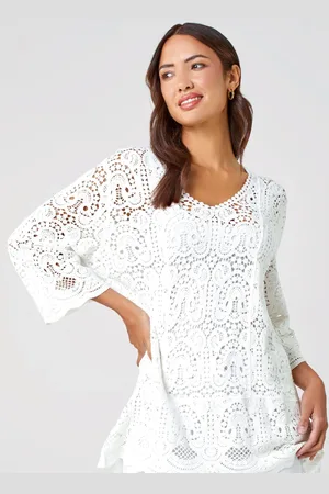 Roman Crochet V-Neck 3/4 Sleeve 100% Cotton Tunic Top46