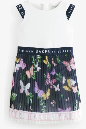 Ted Baker Navy Floral Double Strap Chiffon Pleat Mockable Dress8 lat (128 cm)