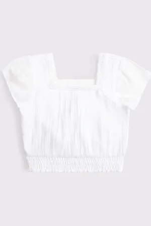 Abercrombie & Fitch White Woven Lace Trim Frill Sleeve Crop Top166168 cm