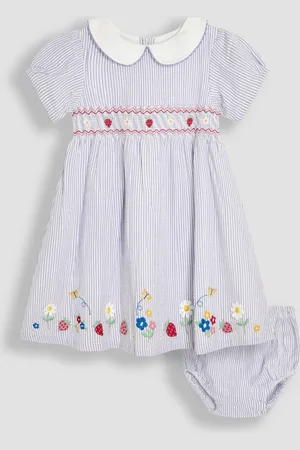 JoJo Maman Bébé Seersucker Appliqué Smocked 100% Cotton Dress9298 cm