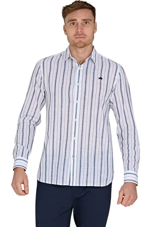 Raging Bull Long Sleeve Resort Stripe 100% Cotton Linen Look White ShirtX-Large
