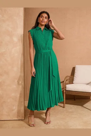 Love & Roses Pleated Tipped Scallop Midi Shirt Dress36
