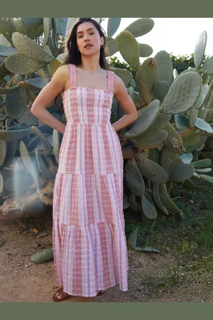 Threadbare 100% Cotton Check Shirred Guaze Tiered Midi DressEU 38 (UK 10)