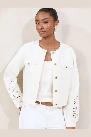 Lipsy London Collarless Denim Jacket With Sleeve Cutwork40