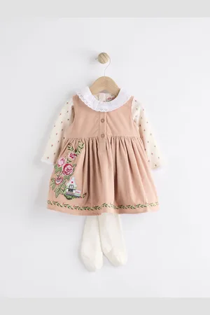 Next Cath Kidston Corduroy Pinafore 100% Cotton Dress with Tights50 cm