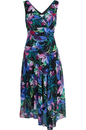 Gina Bacconi Lisbeth Floral Print Chiffon Asymmetric Hem Black Dress46