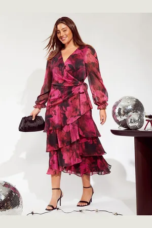 Friends Like These Curve Long Sleeve Printed Ruffle Wrap Midi Dress52