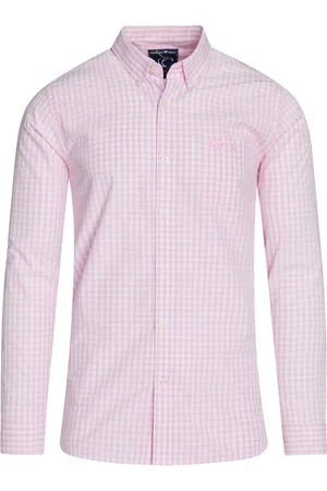 Raging Bull Różowa klasyczna koszula z długim rękawem w kratkę gingham, w 100% z bawełnyM