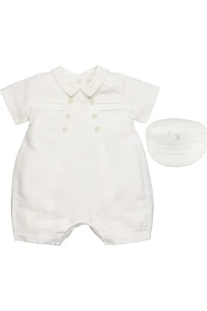 Emile et Rose White Traditional Linen Romper And Baker Boy Hat Set6-9 miesięcy