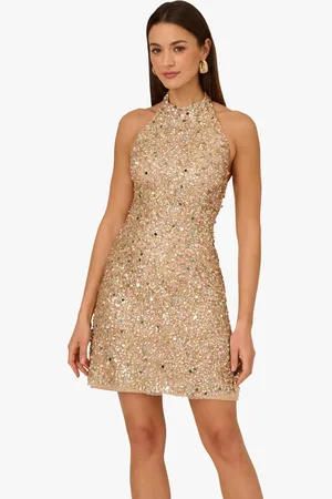 Adrianna Papell Pink Beaded Halter Short Dress40