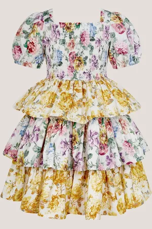 Monsoon Floral Print Puff Sleeve Tiered 100% Cotton Dress134140 cm