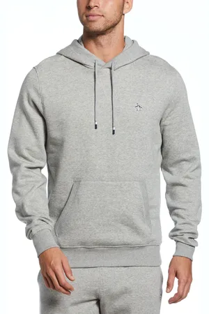 Original Penguin Grey Sticker Pete Fleece Hooded Sweatshirt in Rain HeatherS