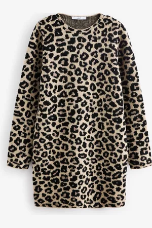 Next Leopard Animal Print Long Sleeve Short Knitted Shift Jumper DressM