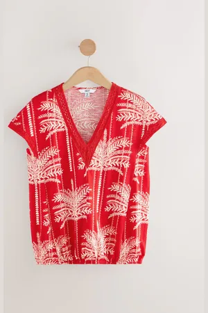 Next Short Sleeve Lace V-Neck Bubblehem 100% Cotton Top40tall