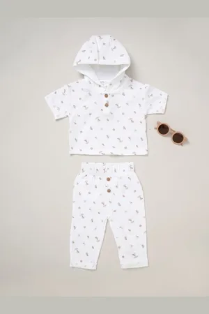 Rock-a-bye Baby Boutique 100% Cotton Printed White Hooded And Joggers Set5662 cm