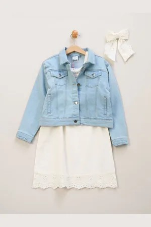 MISS Broderie White Dress Denim Jacket and Hair Clip Outfit Set140146 cm