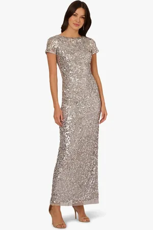 Adrianna Papell Silver Beaded Mesh Long Dress40