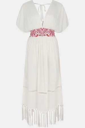 Accessorize Palm Embroidered Fringe Kaftan DressS