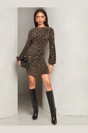 Lipsy London Leopard Print Fluffy Knit Midi Jumper Dress40