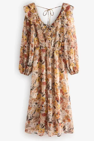 Next Long Sleeve Ruffle Tie Back A-Line Midi Dress52