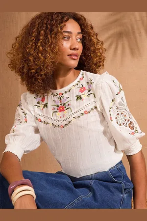 Love & Roses Crew Neck Crochet Insert Embroidered 3/4 Sleeve Blouse40