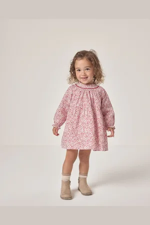 The White Company Red Organic Cotton Petunia Floral Hand Smocked DressDo 3 miesięcy (50