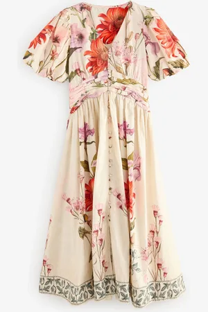 Next Puff Sleeve Button Down Occasion Maxi 100% Cotton Dress52