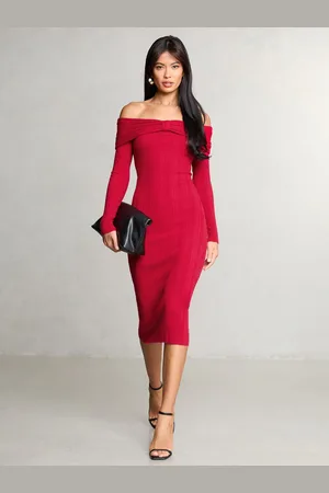 Lipsy London Sukienka bardot z prążkowanej dzianiny z ozdobą kokardą 38