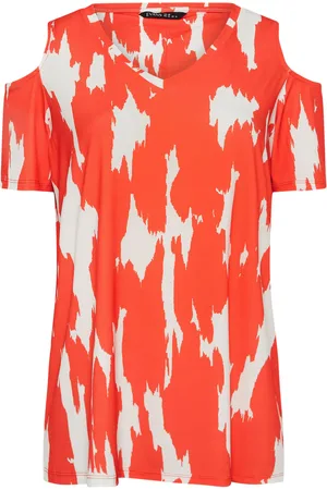 Evans Curve Orange Abstract Print Cold Shoulder Top50-52