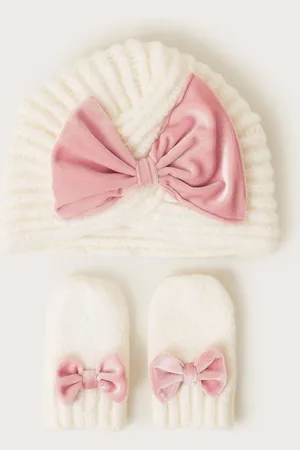 Monsoon Baby Velvet Bow Knit Hat and Mittens Set1