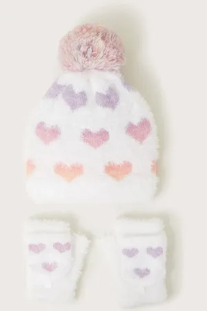 Monsoon Neon Hearts Fluffy Hat and Gloves Set6