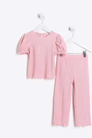 River Island Girls Puff Sleeve Textured 100% Cottton Top And Trousers Set98104 cm