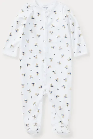 Ralph Lauren Pajacyk niemowlęcy w kolorze białym z motywem misia, w 100% z bawełny3 Months (62cm)
