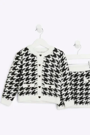 River Island Girls 100% Cotton Dogtooth Fluff Cardigan And Skirt Set12