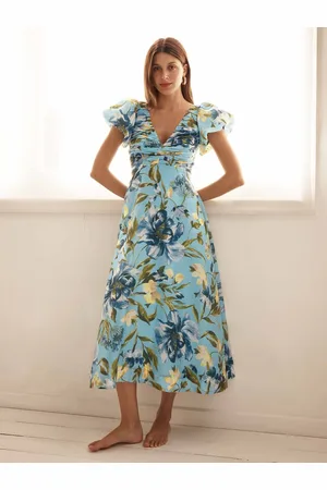 Forever New June Ruched V-Neck Midi Dress with A Touch Of Linen36
