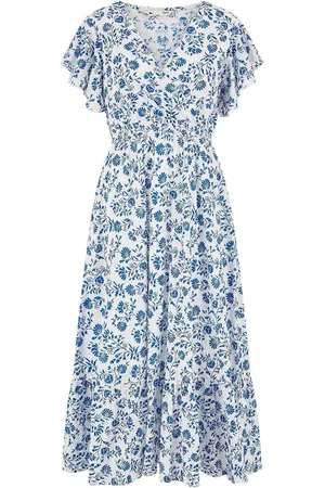 Yumi Floral Printed Broderie Anglaise Ruched Waist Midi 100% Cotton Dress46