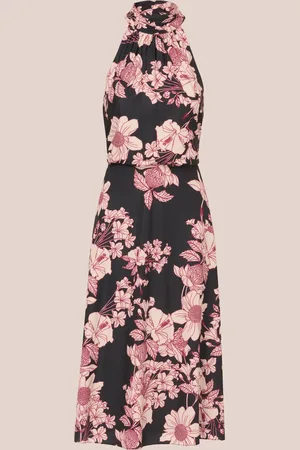 Adrianna Papell Print Chiffon Halter Black/Pink Dress40