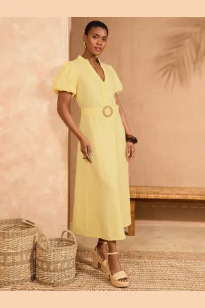 Love & Roses V-Neck Belted Puff Sleeve Midi Dress36