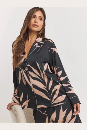 Figleaves Stretch Satin Buttom Through Black Pyjamas Set48