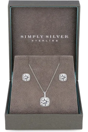 Simply Silver Sterling Silver 925 Halo Square Solitaire Matching Jewellery Set