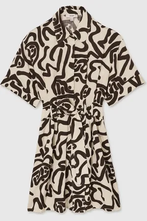 Reiss Camelia Linen Blend Printed Shirt Dress36