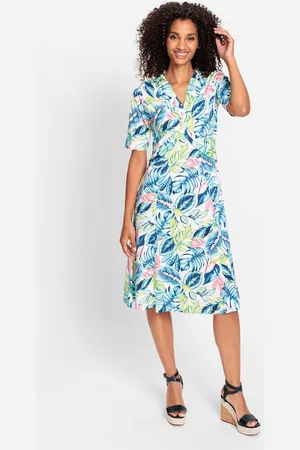 Olsen TENCEL™ Turkusowa sukienka ze wzorem w liście - Miami Vibes
